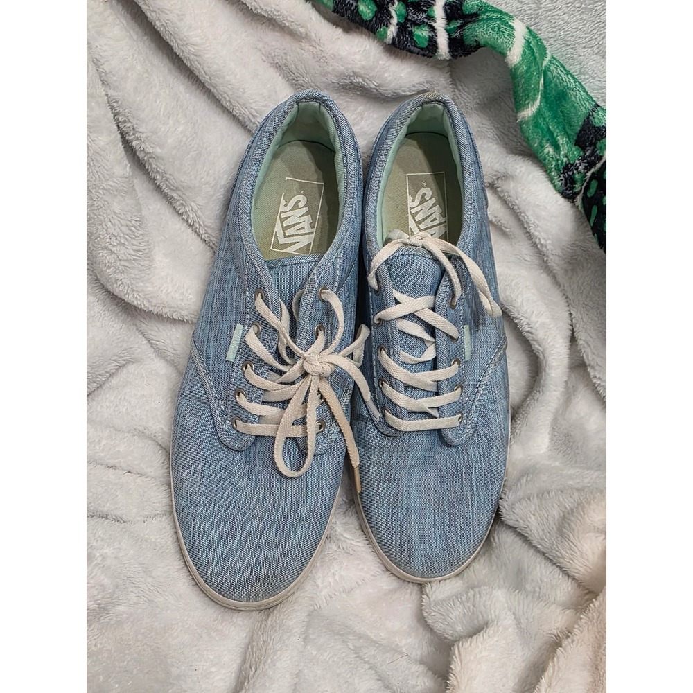 Vans Low Top Sneakers Light Blue Textured Textile Lace Up Waffle Sole Womens